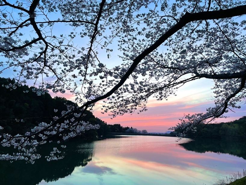 夕暮れに染まる湯の口ため池